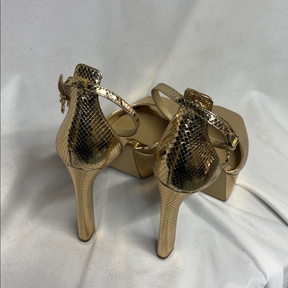 Michael Kors Martina peep toe leather Gold snakeskin Platform High Heels 9.5 - Picture 5 of 11
